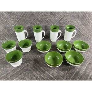 Raffiaware Thermo-Temp MCM Ribbed Avocado Green/White Tumblers & Bowls Set of 12